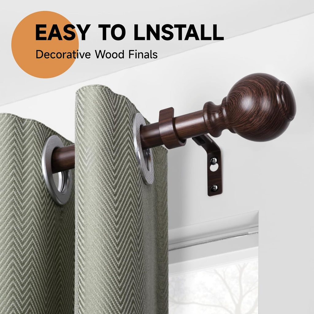 Wood Curtain Rods for Windows,1 inch Heavy Duty Window Curtain Rods with Imitation Wood Grain Finials