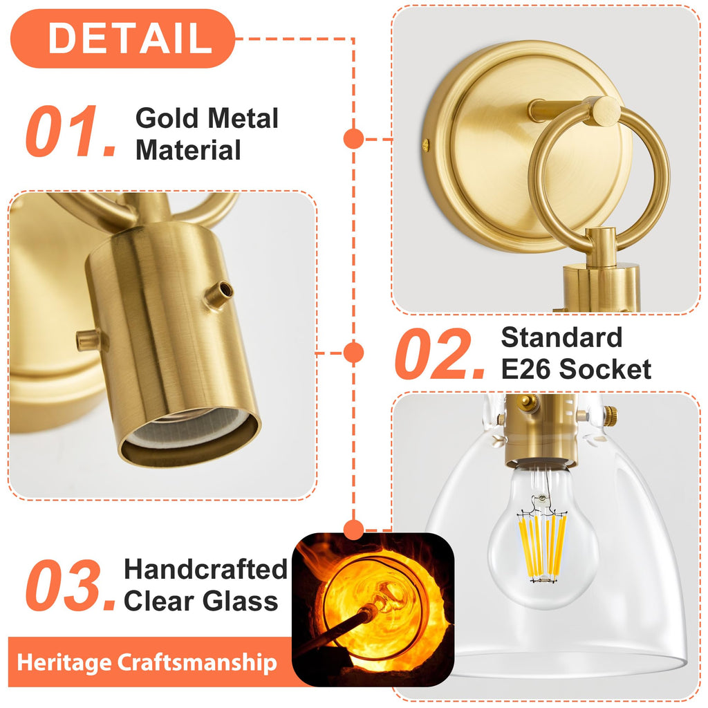 Gold Wall Sconce 1-Light Farmhouse Vanity Light Fixtures