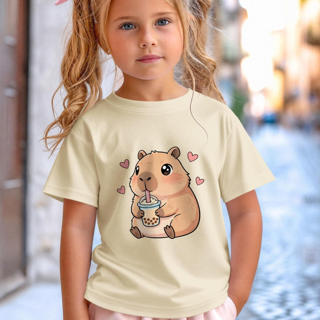 Capybara Shirt for Girls Cute Graphic Tees Kids Kawaii Animal Print T Shirts Funny Cartoon Summer Cotton Tops