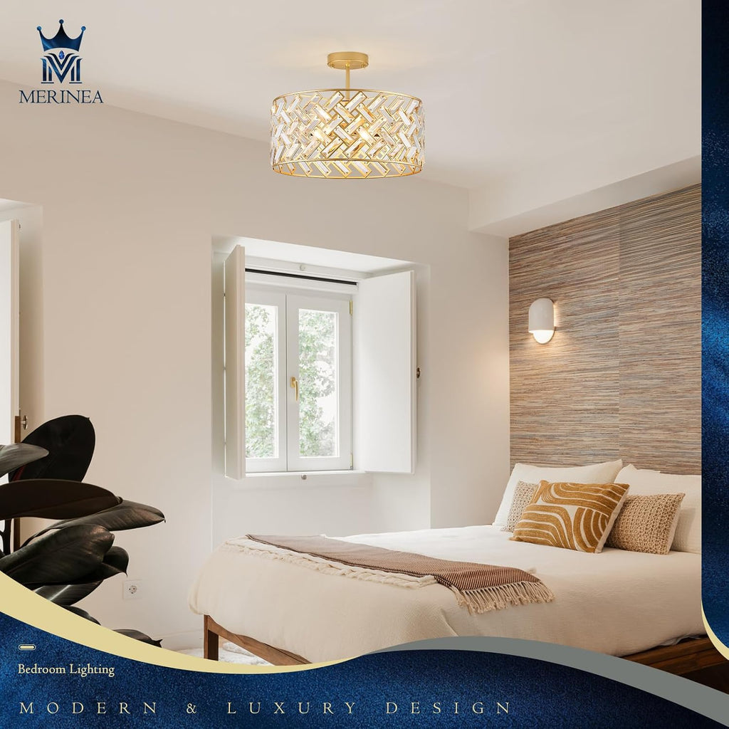 Gold Crystal Chandelier, 18" Modern Drum Ceiling Light Fixture, Luxury 6-Light K9 Crystal Pendant Lighting