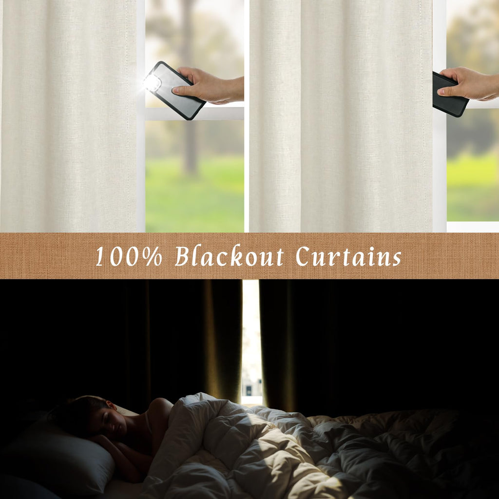 100% Blackout Natural Linen Bedroom Curtains 63 Inches Long, Ivory
