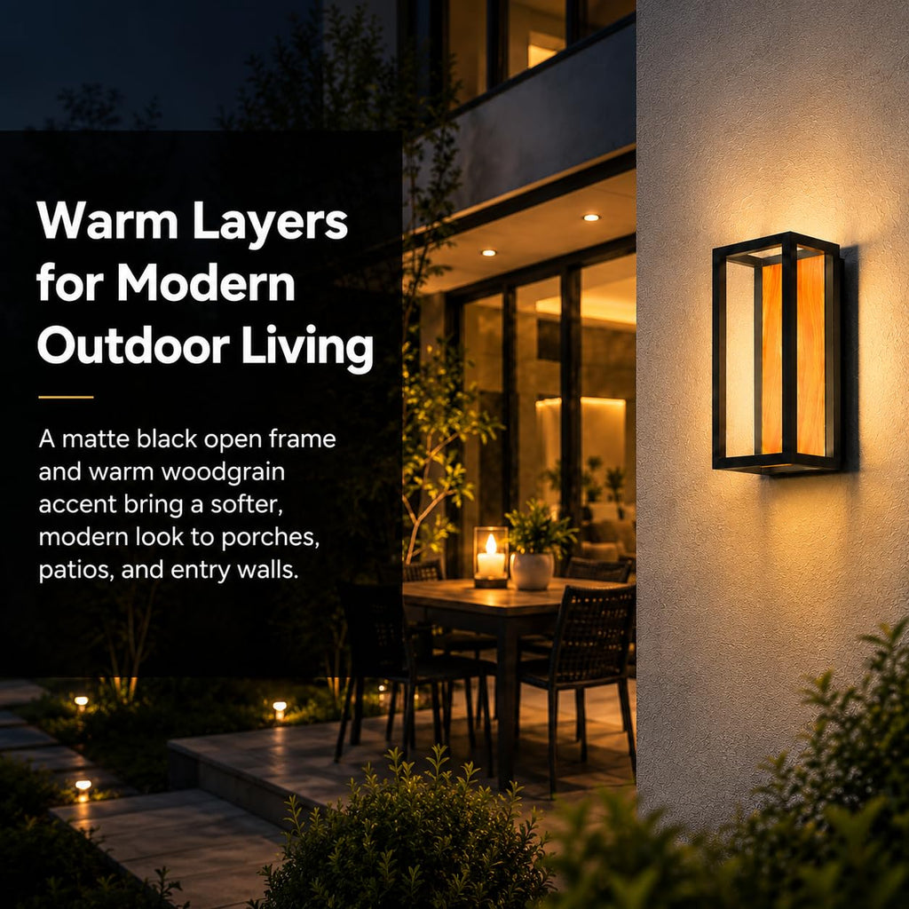 Dusk to Dawn Outdoor Wall Light, Wood Grain Black Frame, IP54