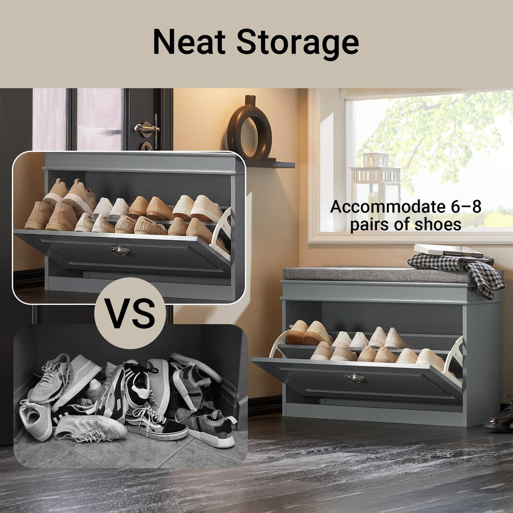 Shoe Storage Bench with Cushion, Grey Narrow Shoe Rack, Small Shoe Cabinet with Flip-Drawer, Closet Hallway Mudroom