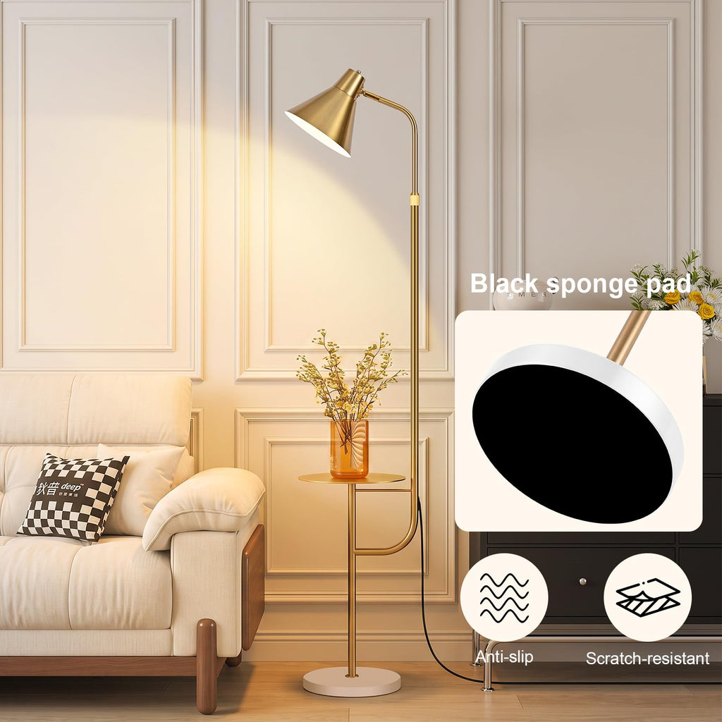 Gold Brass Brushed Floor Lamps with Side Table, Dimmable Light