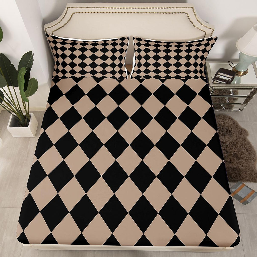 Diamond Plaid Bed Sheets Set Buffalo Check Bed Set Vintage Brown Deep Pocket Fitted Sheet Breathable Soft