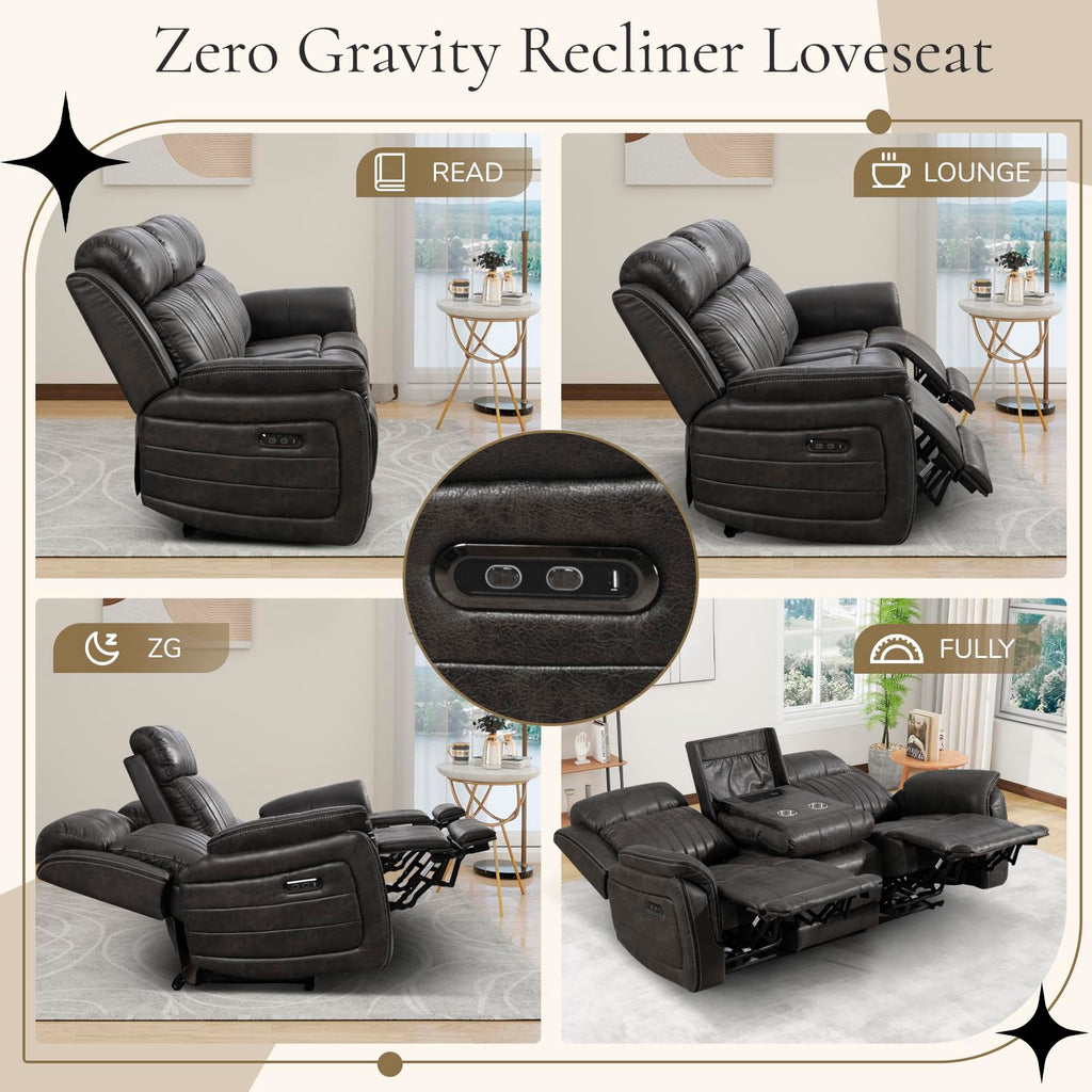 Zero Gravity Power Reclining Sofa with Adjustable Headrest, Electric Reclining Couch with USB & Type-C Ports, Power