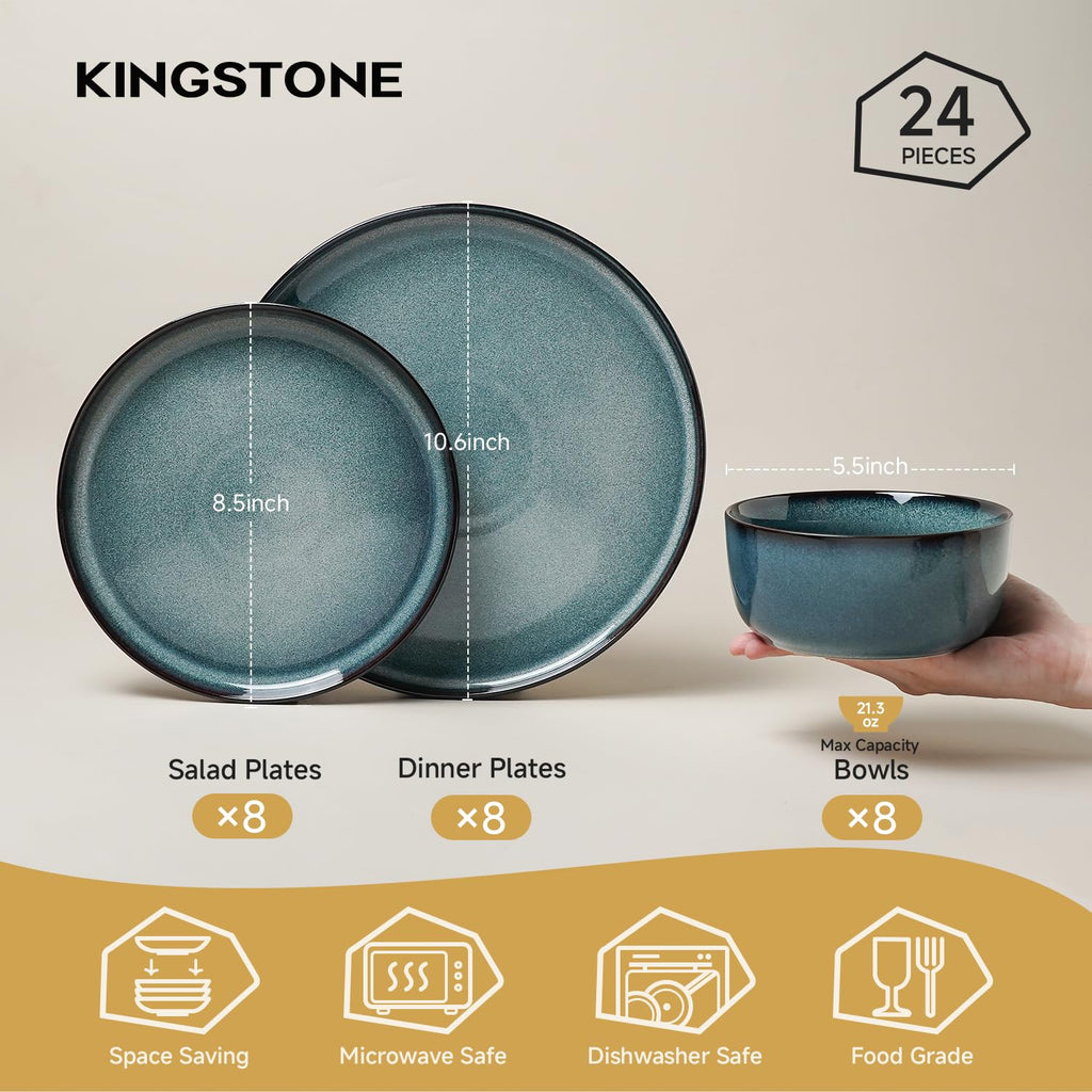 Stoneware Dinnerware Sets for 8, Reactive Glaze, Pale Blue