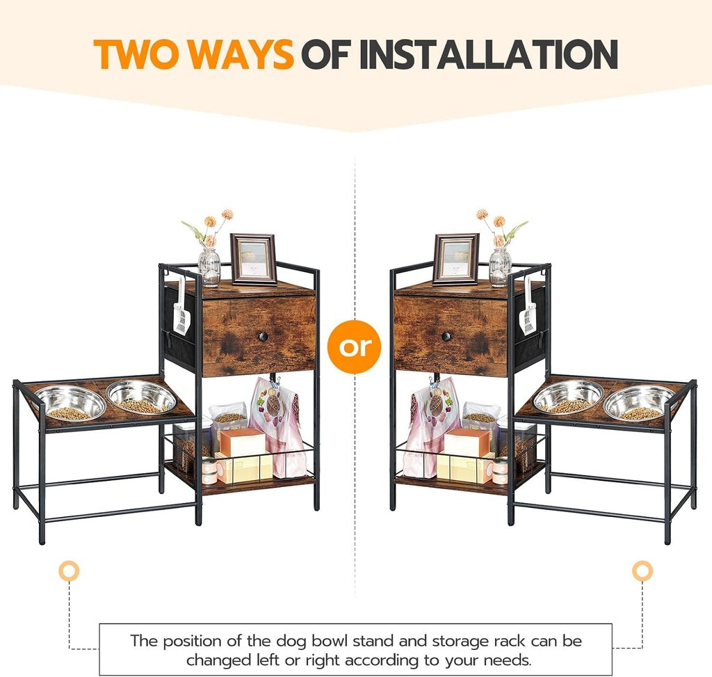 Elevated Dog Bowls Stand with Drawer, Height Adjustable Raised Feeding Station Cabinet with Storage Basket, 4-IN-1
