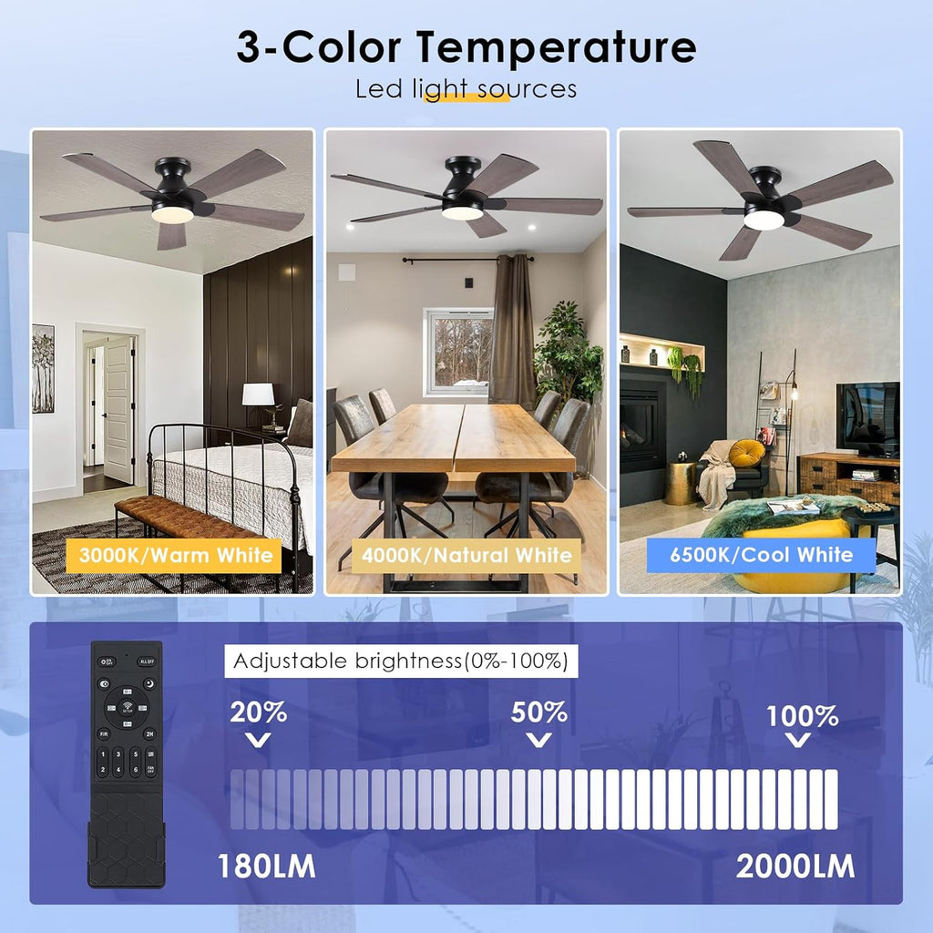 Flush Mount Ceiling Fan with Lights - 52Ó Indoor/Outdoor Ceiling Fan Light with Remote/APP, Low Profile Modern Fan Light with 6 Speeds, Dimming, for Living Room, Brown A101-B0F2F9BZ8W