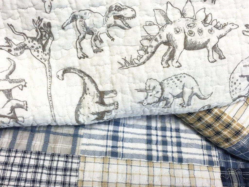 Cute Dinosaur Plaid Navy Blue White Grey Bedding Quilt Set 100% Cotton Reversible Coverlet Bedspread Set for