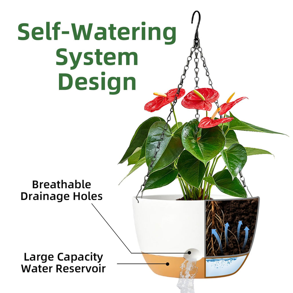 Hanging Planters, 3 Pack, Self-Watering, 10 Inch, White