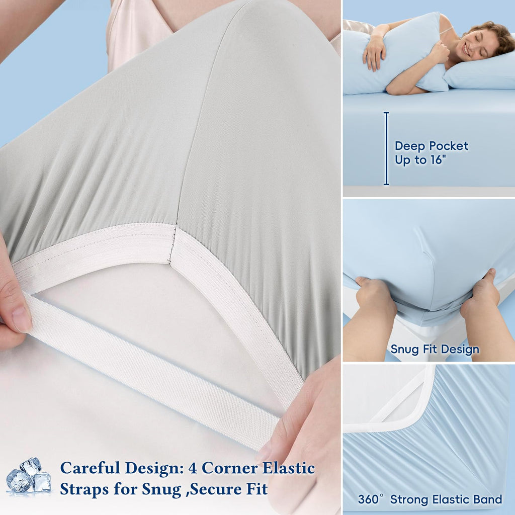 Cooling Fitted Sheet Set Q-Max > 0.48, Twin Size, Ice Blue