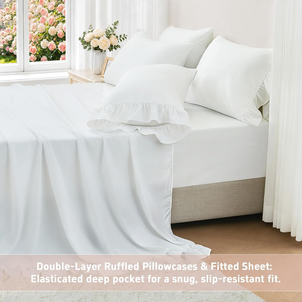 Twin Sheets 4 Pieces - White Sheets with 4-Inch Ruffles Bed Skirt | Soft Washed Microfiber Twin Sheets Set for Girls