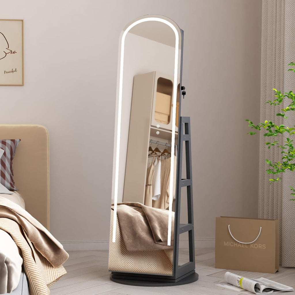 Arched Rotating Jewelry Cabinet with LED Lighted Full Length Mirror & Built-in LED Vanity Mirror, Lockable Standing
