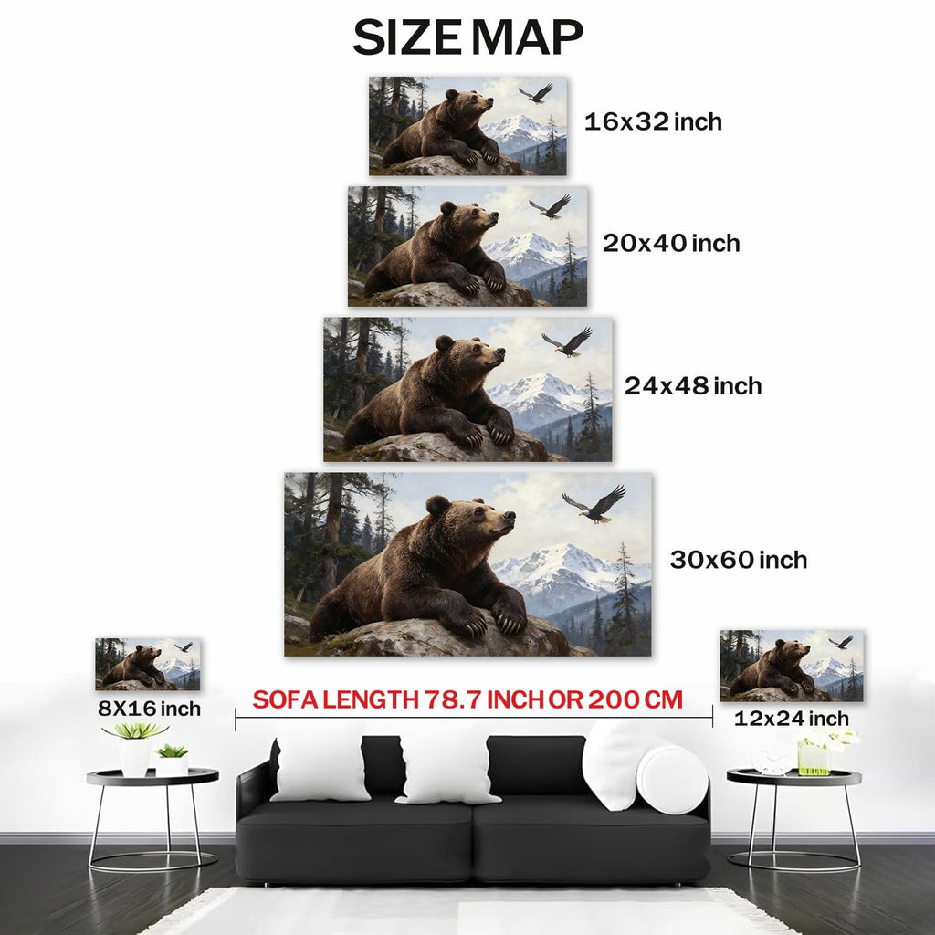 Large Bear Wall Art, Wildlife Canvas Wall Decor with Eagle and Mountain Forest, Rustic Bear Picture for Cabin Lodge