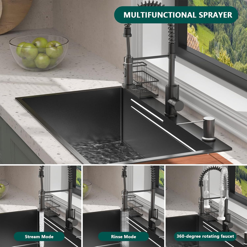 Black Drop- Sink:30in Stainless Single Bowl Sink &Accessories | Spacious 30-Inch Workstation Sink with 7-in-1
