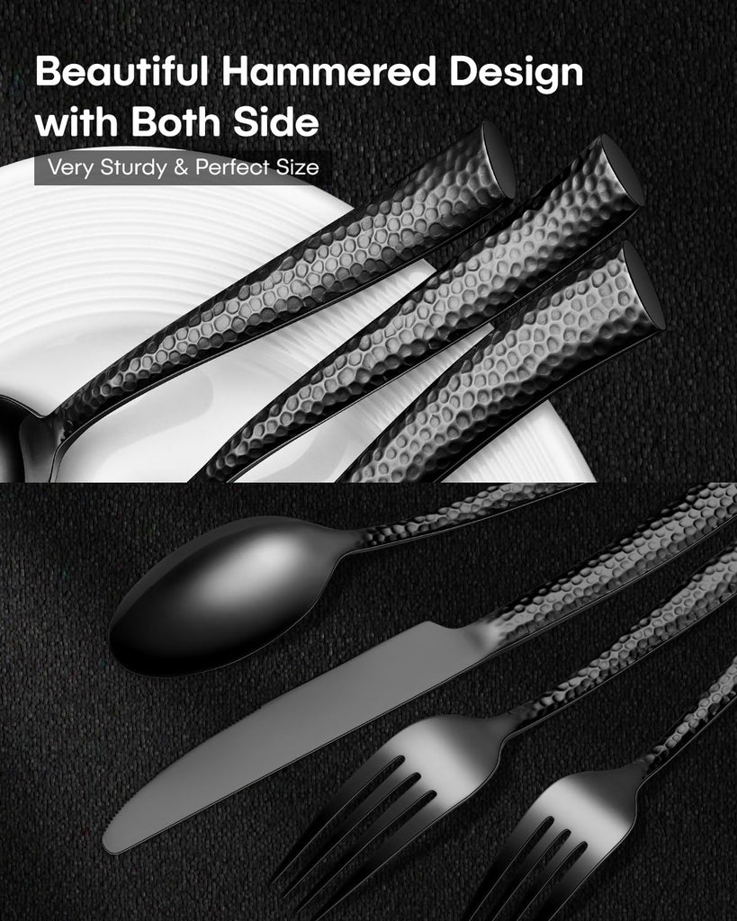 40-Piece Black Hammered Silverware Set, Stainless Steel Black Flatware for 8, Mirror Polished Tableware Cutlery Set