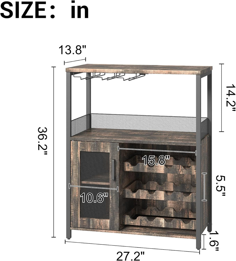 Wine Bar Cabinet with Detachable Wine Rack and Storage Space | 3-Tier Buffet Cabinet with Glass Holder and Mesh Door