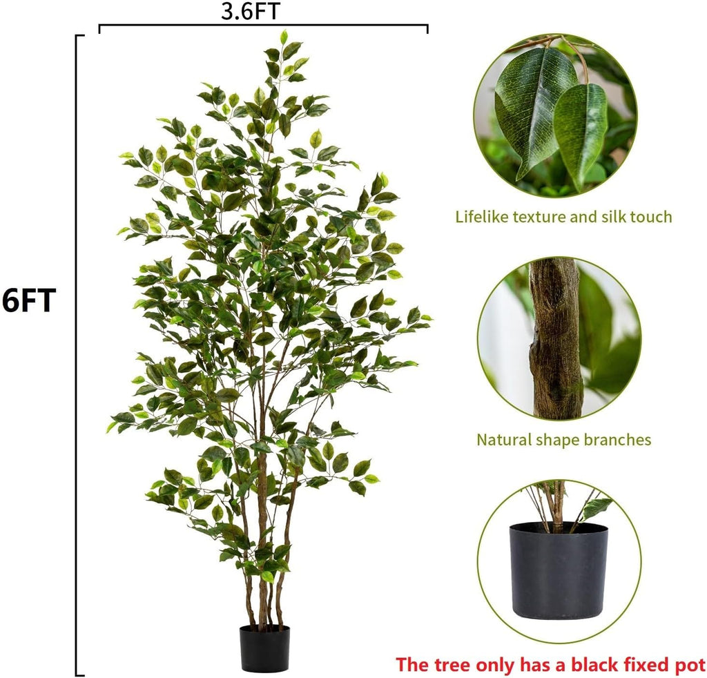 Artificial Ficus Tree Indoor 6ft, Large Potted Faux Tree with Realistic Silk Leaves & Trunk Corner Decor