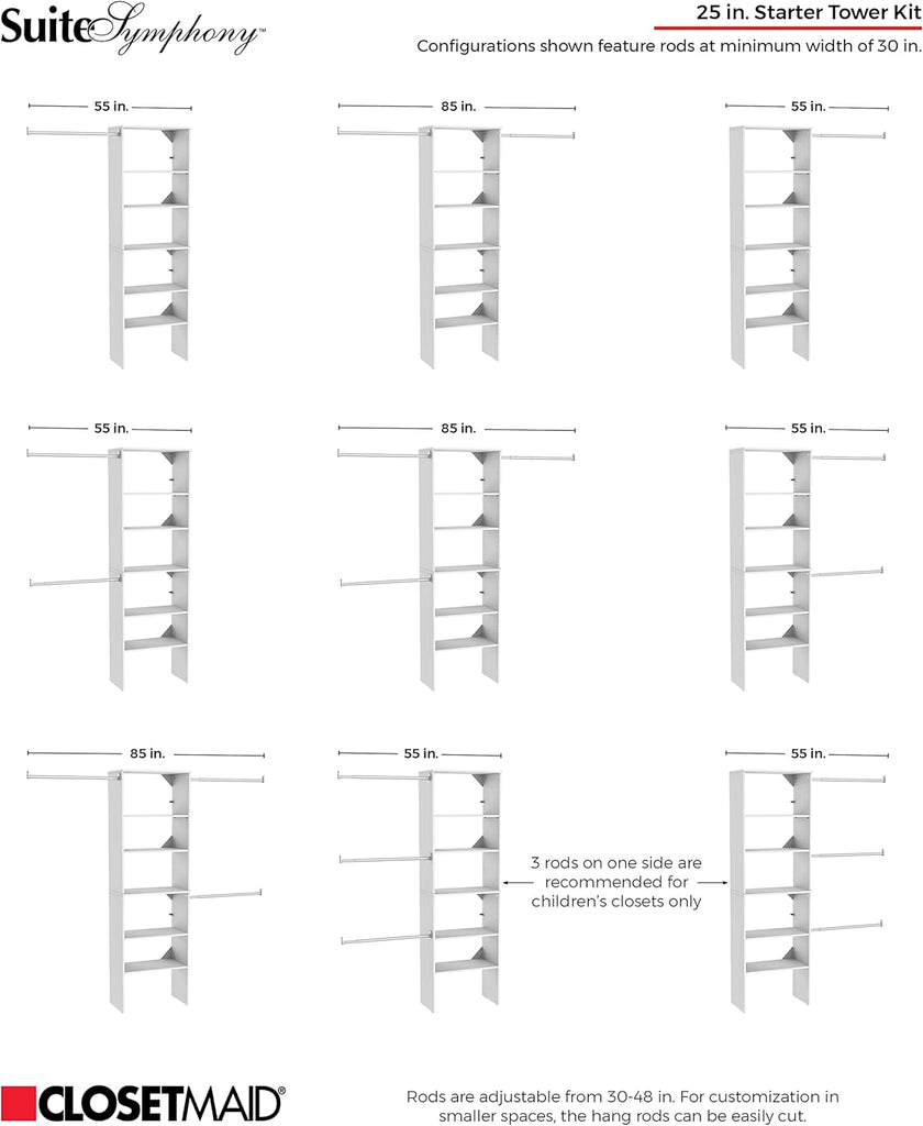 SuiteSymphony Wood Closet Organizer Starter Kit with Tower and 3 Hang Rods, Shelves, Adjustable, Fits Spaces 5 - 10