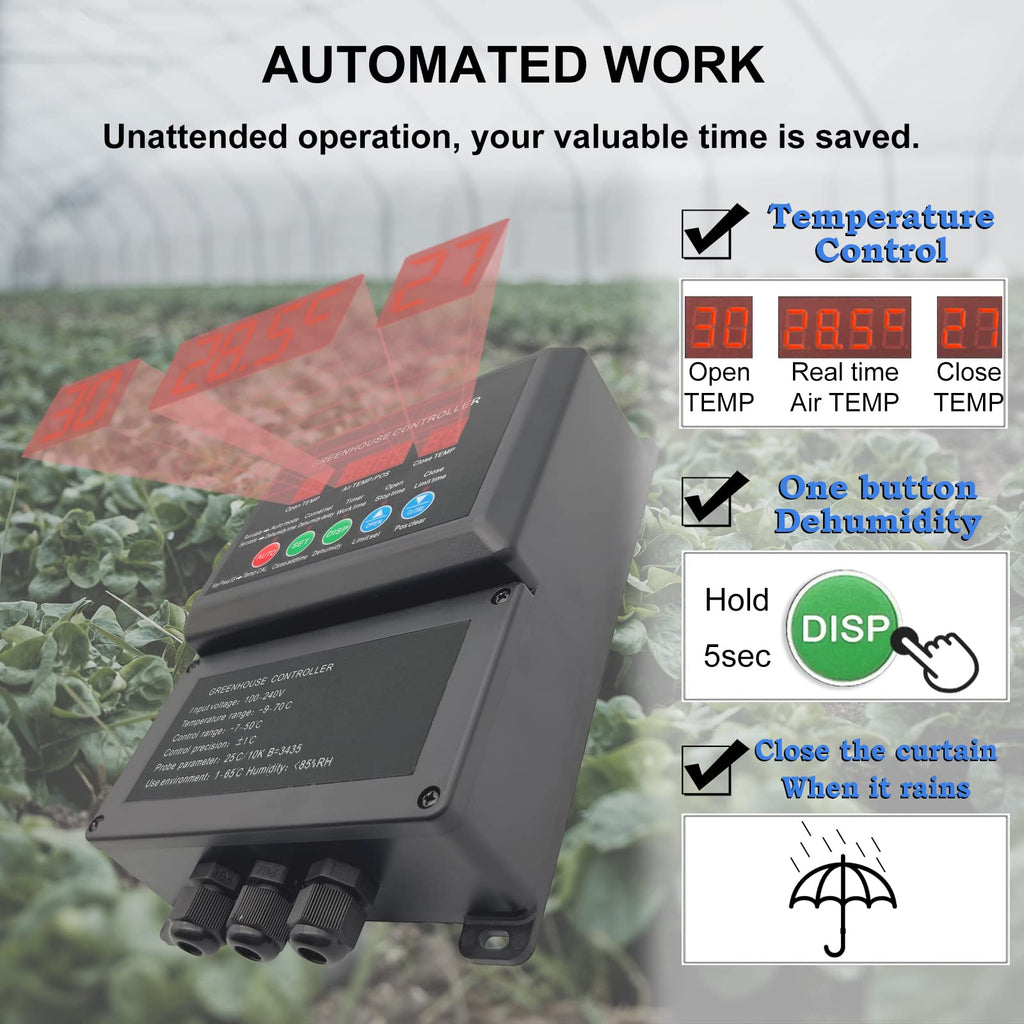Greenhouse Roll Up Motor and Creeper (2 Pack) + Intelligent Thermostat Controller Electric Box ( to DC24V) for