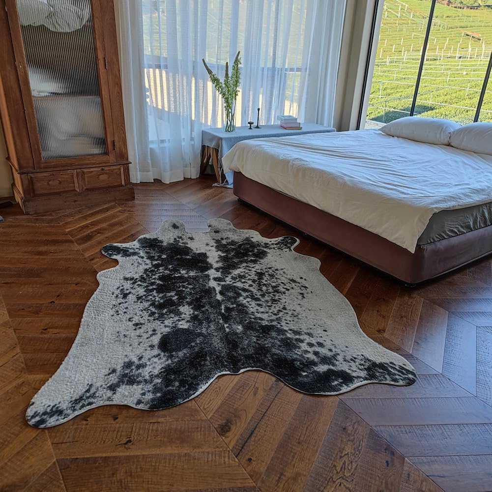 Faux Cowhide Rug 6.4 ft x 8 ft Black and White Cow Print Area Rug Faux Animal Skin Rug Bedroom Nursery