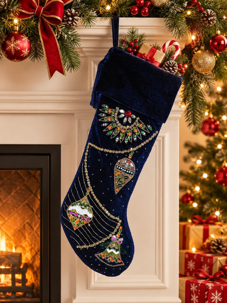 Luxury Navy Blue Velvet Christmas Stocking with Beaded Embroidery, Elegant Holiday Stocking with Tassel, Decorative