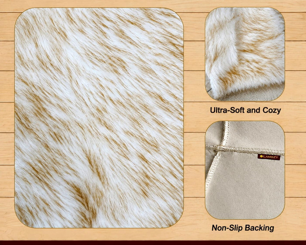 Faux Sheepskin Rug, White/Brown Tips, 4'x6', Free Shape | 4 pelts; vegan fur indoor carpet , den, bedroom & nursery