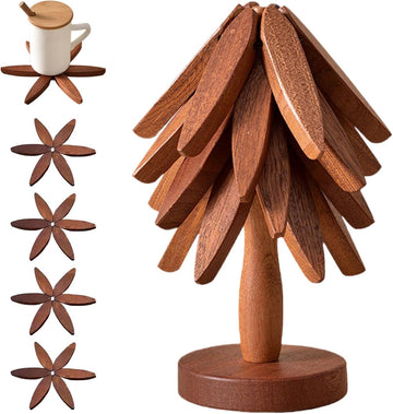 Wooden Trivets for Hot Dishes, Tree Shape Trivet Set, 4 Walnut Wood + 1 Stand stored Like a Christmas Tree,Foldable
