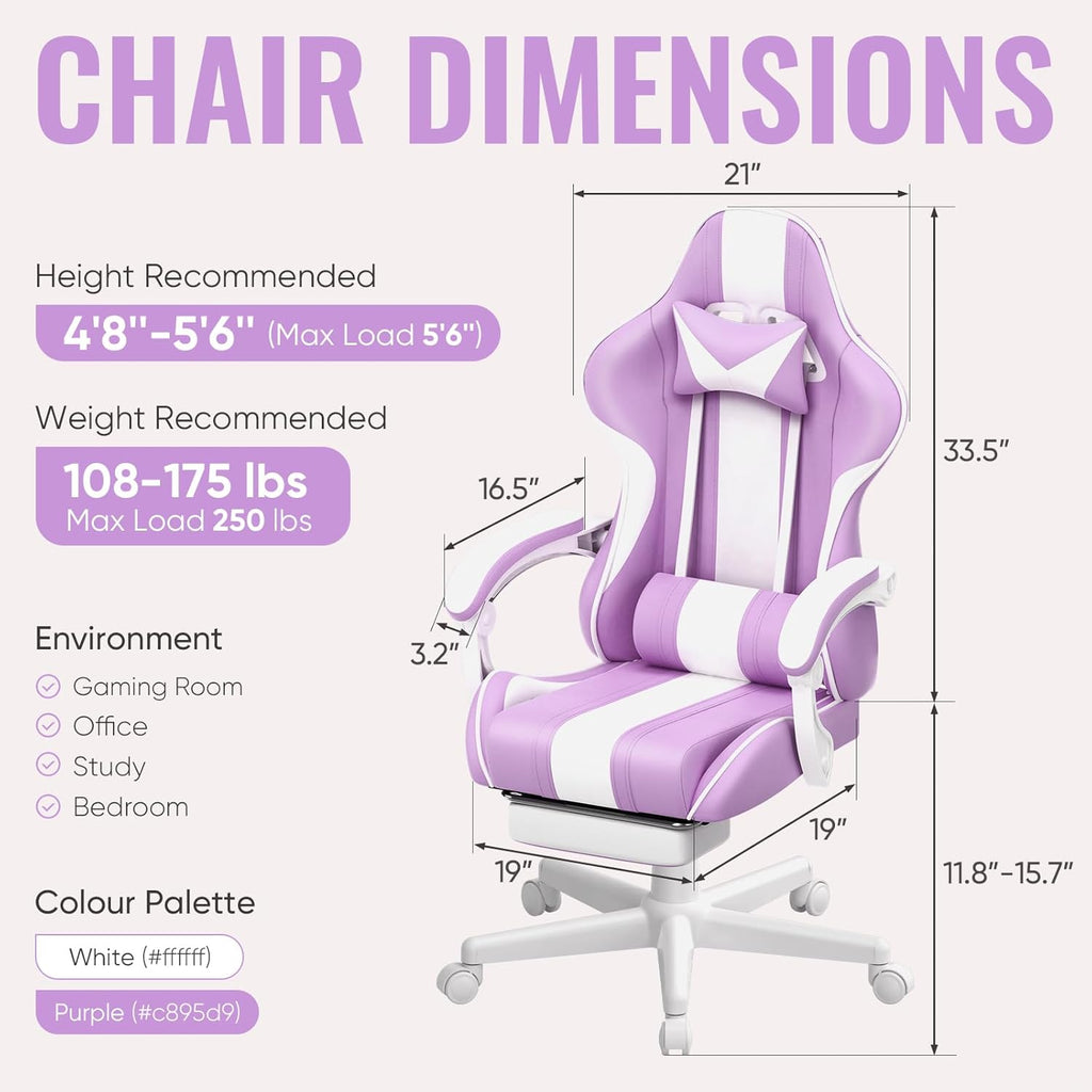 Gaming Chairs, Ergonomic Racing Style PC Game Computer Chair with Headrest Lumbar Support Adjustable Recliner PU