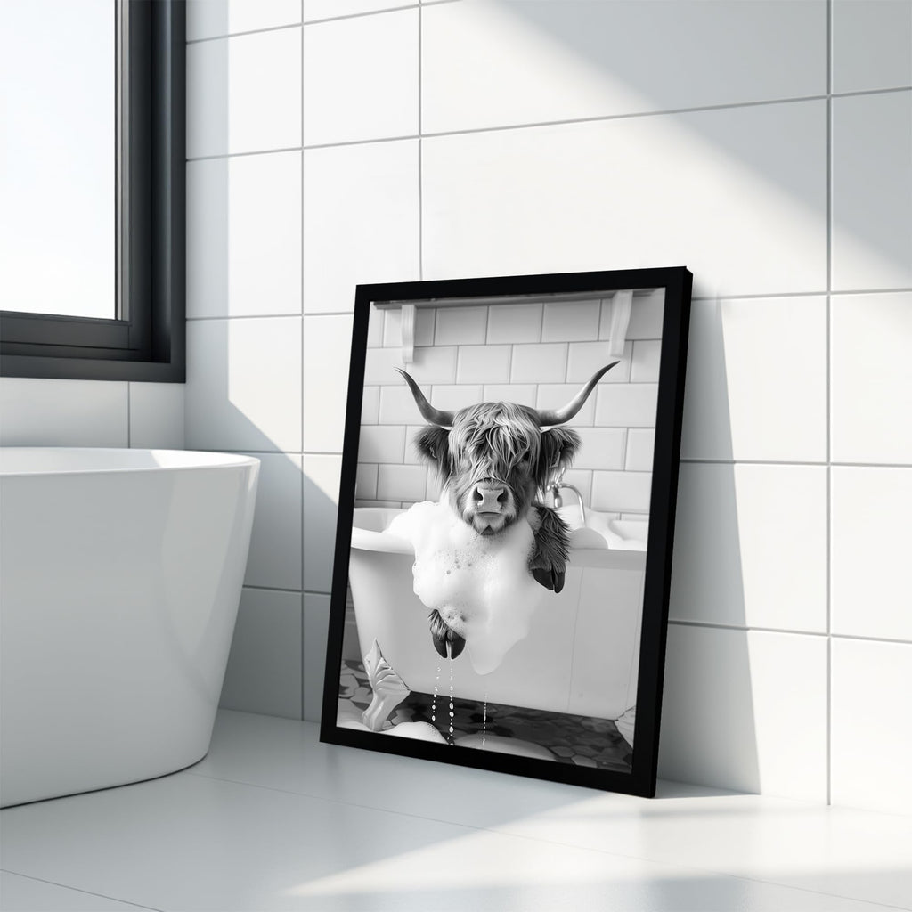 Black and White Highland Cow in Bathtub Canvas Wall Art 12x16 inch