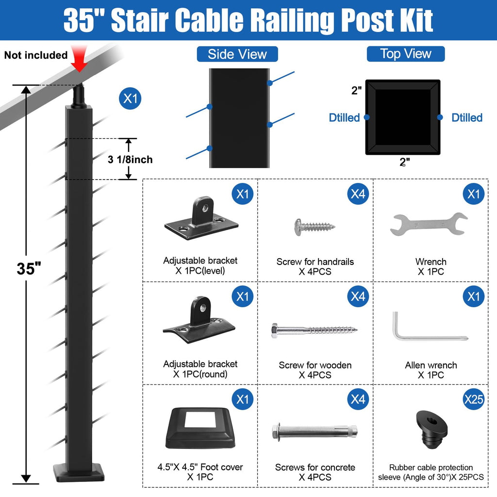 36" Stair Cable Railing Post (Post 35"x2"x2"), Adjustable Top Stair Post for 25-35 Degrees Stair, T304 Stainless