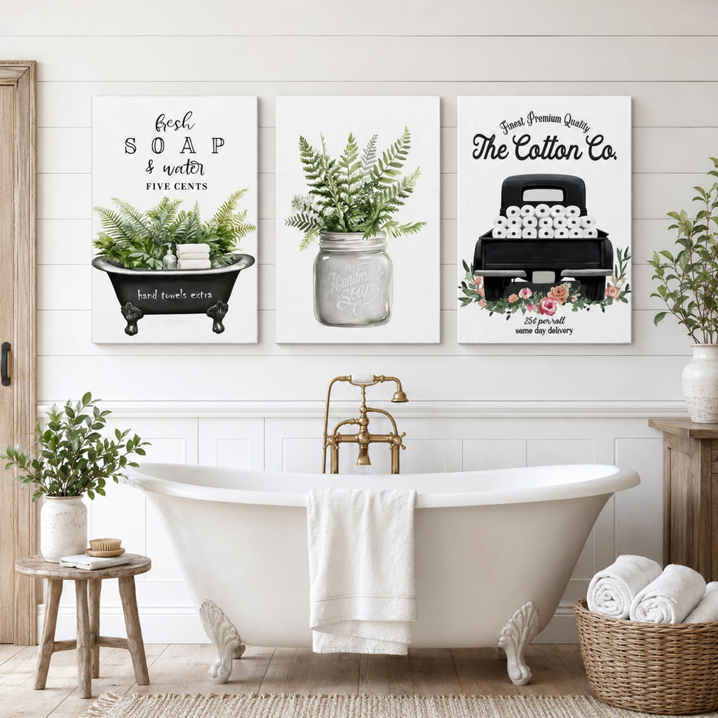 3 Piece Farmhouse Bathroom Decor Wall Art-Rustic Bathroom Canvas Print for Country Room Wall Decor, Rustic Botanical