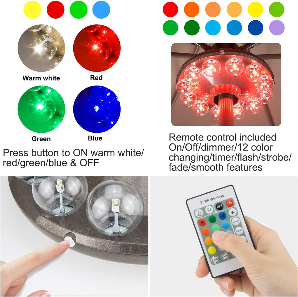 Umbrella Lights Battery Operated,12 Color Changing Outdoor Patio Umbrella Light for Pole with 80Ft Remote,12 Clear Bulb
