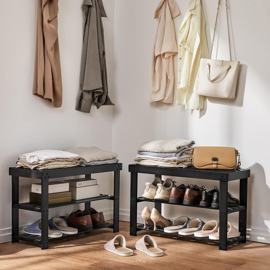 3 Tier Bamboo Shoe Rack Bench, Black