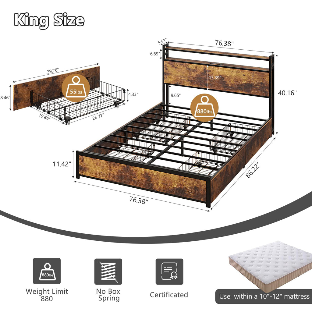 King Bed Frame with 4 Storage Drawers and Adjustable Headboard Shelf, Metal Platform Captain Bed with Charging