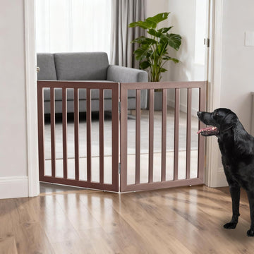 Freestanding Indoor Dog Gate Foldable Wood Brown Puppy Gate for Doorways Pet Gate for Stairs Extra Wide Pet Fence 24"