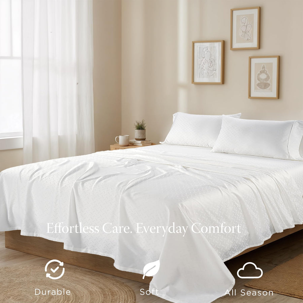 300 Thread Count Cotton Queen Sheet Set, Sateen, Jacquard, White