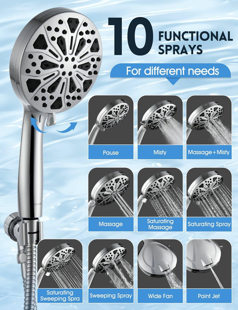 High Pressure Shower Head with Handheld, 10 Spray Modes Hand Held Showerhead, Built-in 2-Mode Power Wash Tub & Pets