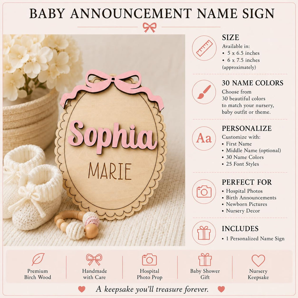 Personalized Baby Name Sign with Bow - Wooden Birth Announcement Keepsake