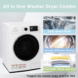 24" Washer and Dryer Combo 2.7 cu.ft 26lbs Washing Machine Steam Care, Overnight Dry, No Shaking Front Load