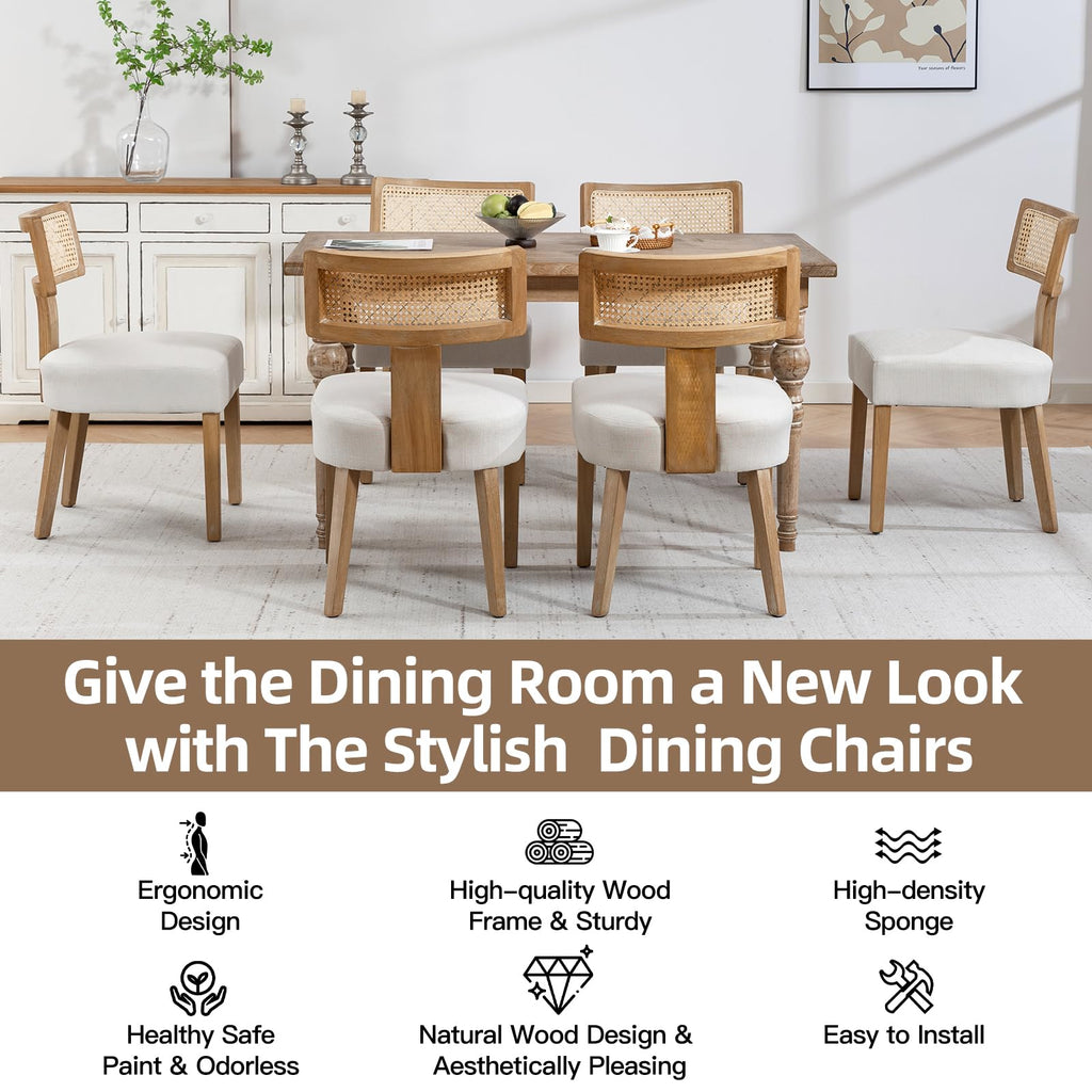 Mid-Century Modern Rattan Dining Chairs Set of 6 - Farmhouse Linen Upholstered Accent Chairs with Curved Backrest