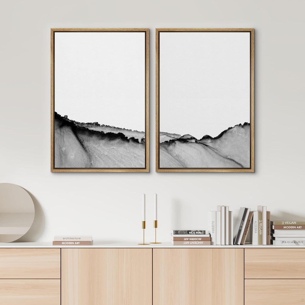 Framed Wall Art Print Set Black Paint Stroke Wave Collage Abstract Shapes Illustrations Modern Art Rustic Relax/Calm