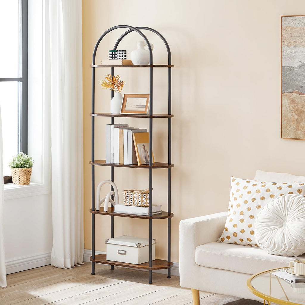5 Tier Open Bookshelf, Industrial Arched Bookcase Display Shelf Rack, Wooden Bookcase Storage Shelf Metal Frame, Tall