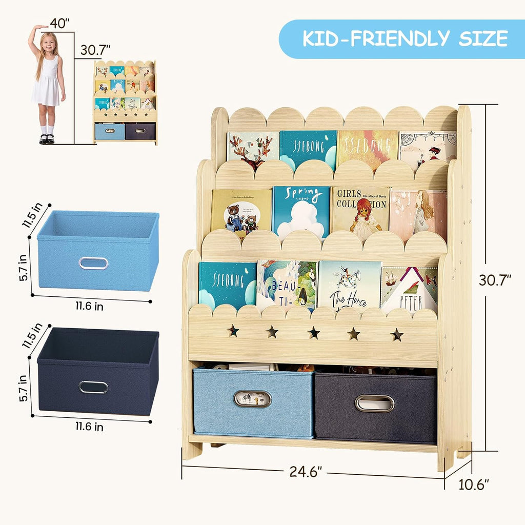 2-in-1 Kids Bookshelf with Toy Storage Drawers, Scalloped Montessori Bookcase Front Facing for Toddlers, Solid Wood