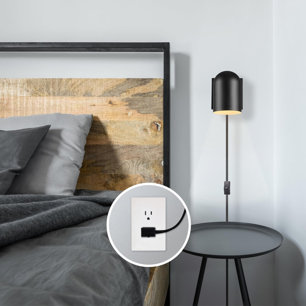Plug-in or Hardwire Wall Sconce, Matte Black, 6ft Braided Fabric Cord, in-Line Rocker Switch, Modern Lighting