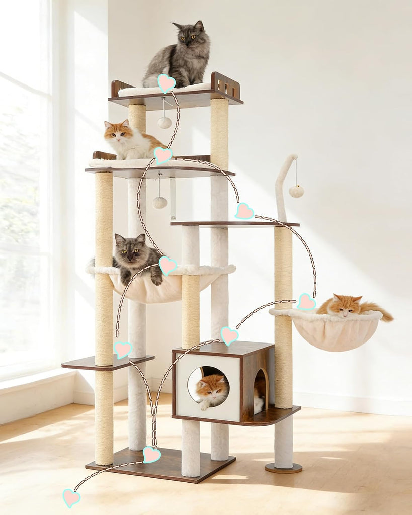 Cat Tree, 70.5" Wood Tall Cat Tower for Large Indoor Cats