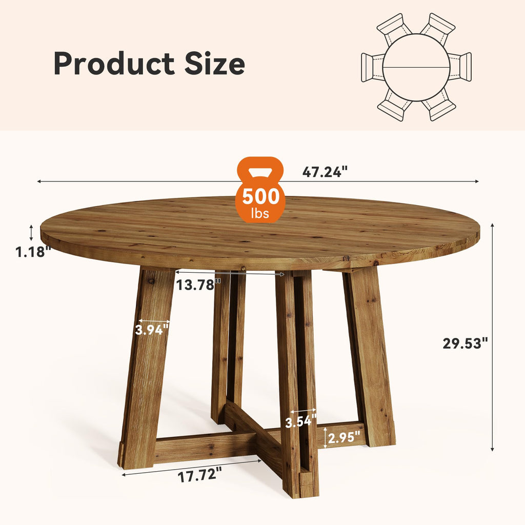 47.3" Solid Wood Dining Table for 4-6, Round Wood Kitchen Table