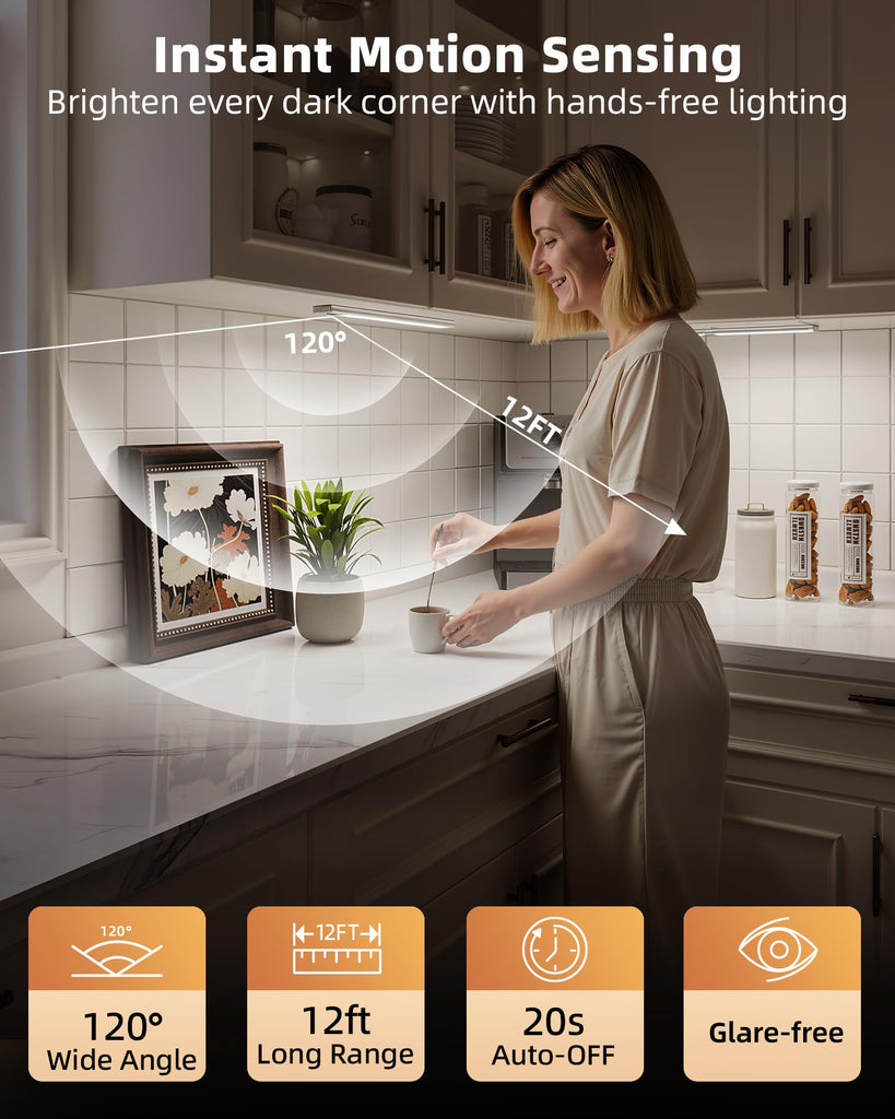 14.5inch Under Cabinet Lighting, 2 Pack 3500mAh Rechargeable Motion Sensor Light Indoor with 3 Color Temperatures