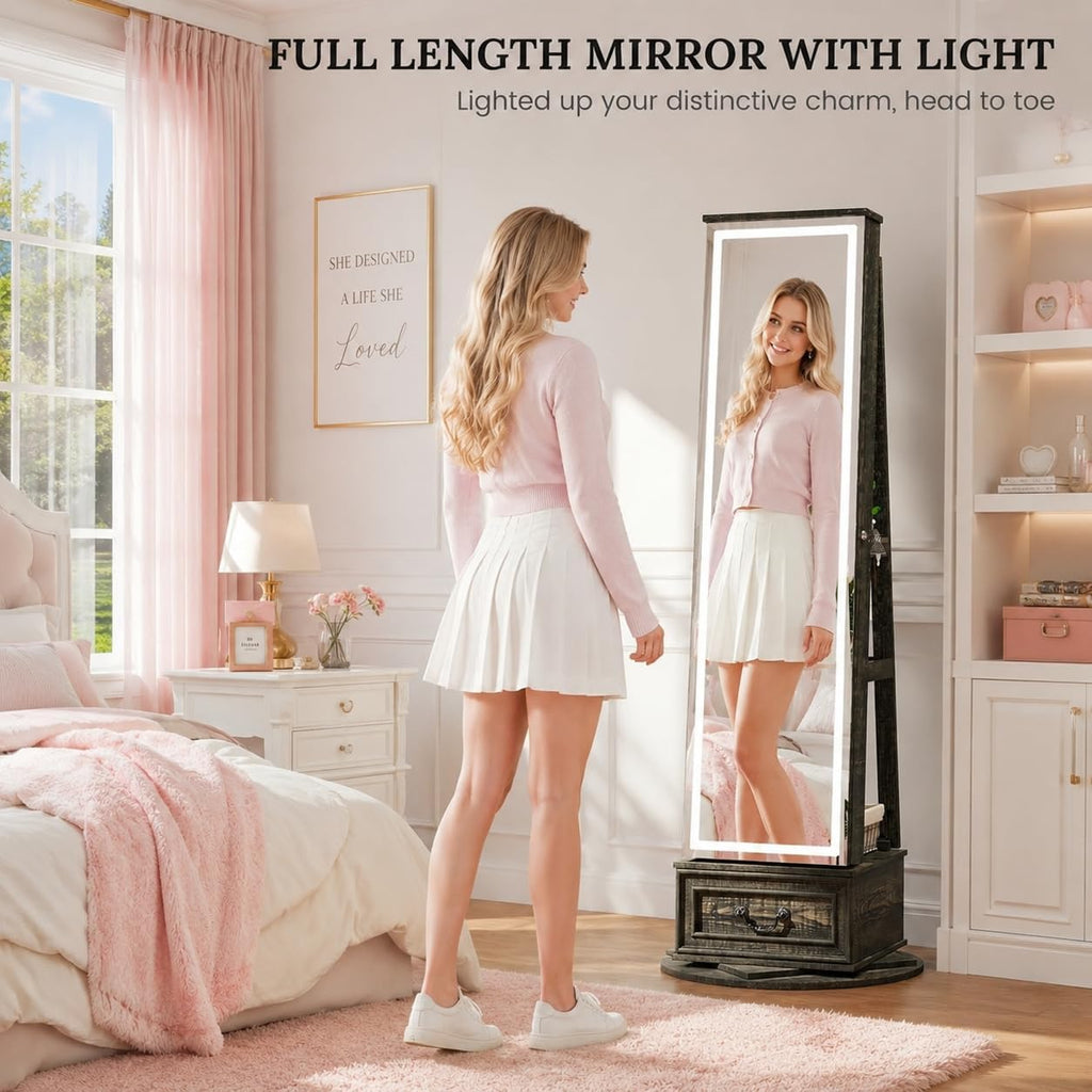 LED Mirror Jewelry Cabinet Standing, 360°Swivel Jewelry Armoire with Full Length Mirror, Mirror with Jewelry Storage
